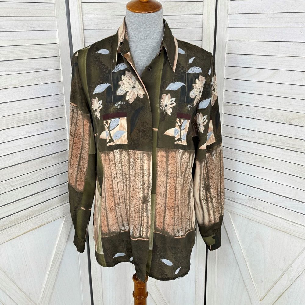 Vintage Dress Barn‎ Printed Button Front Blouse Shirt Olive Tan Small